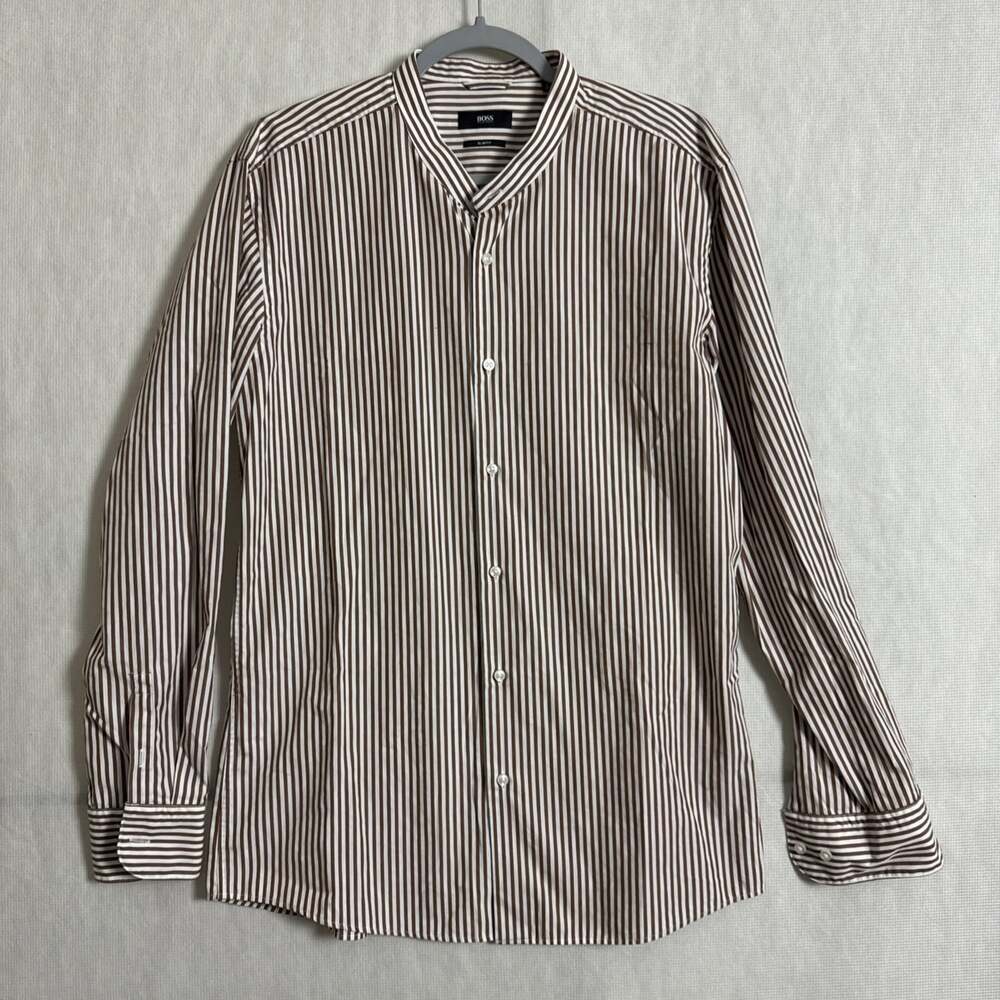 BOSS Hugo Boss Men's 42/L Brown Striped Long Sleeve Button Up Cotton Shirt